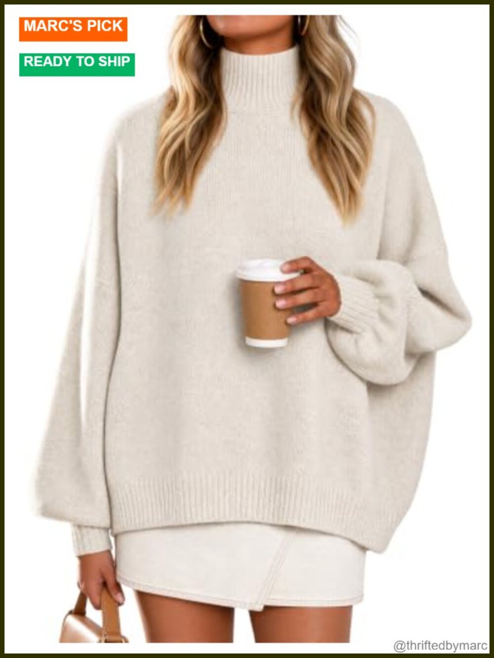 Turtleneck Oversized Sweater Chunky Knit Pullover Lantern Sleeve Cozy Winter